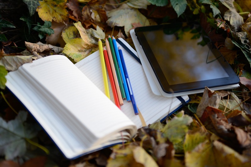 Autumn tablet crayons and notebook free photo