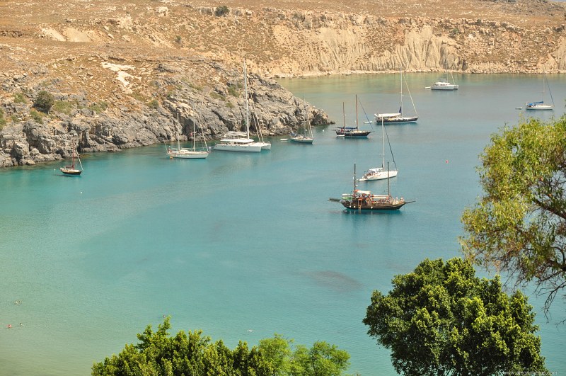 Yachts anchored in Lindos Gulf free photo