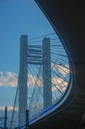 Modern bridge span at sunset free photo