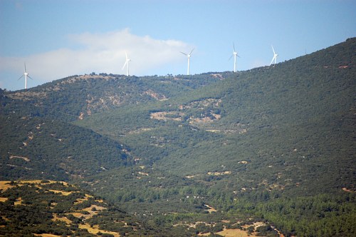 Wind turbines on a mountain free photo